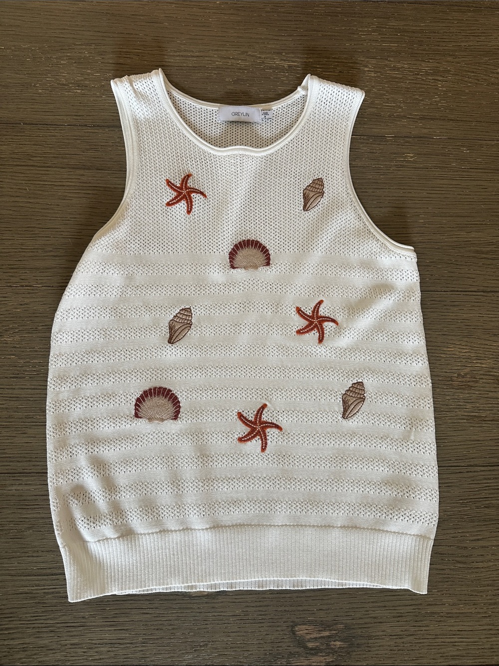 Greylin knit tank with embroidered seashells in ivory size L